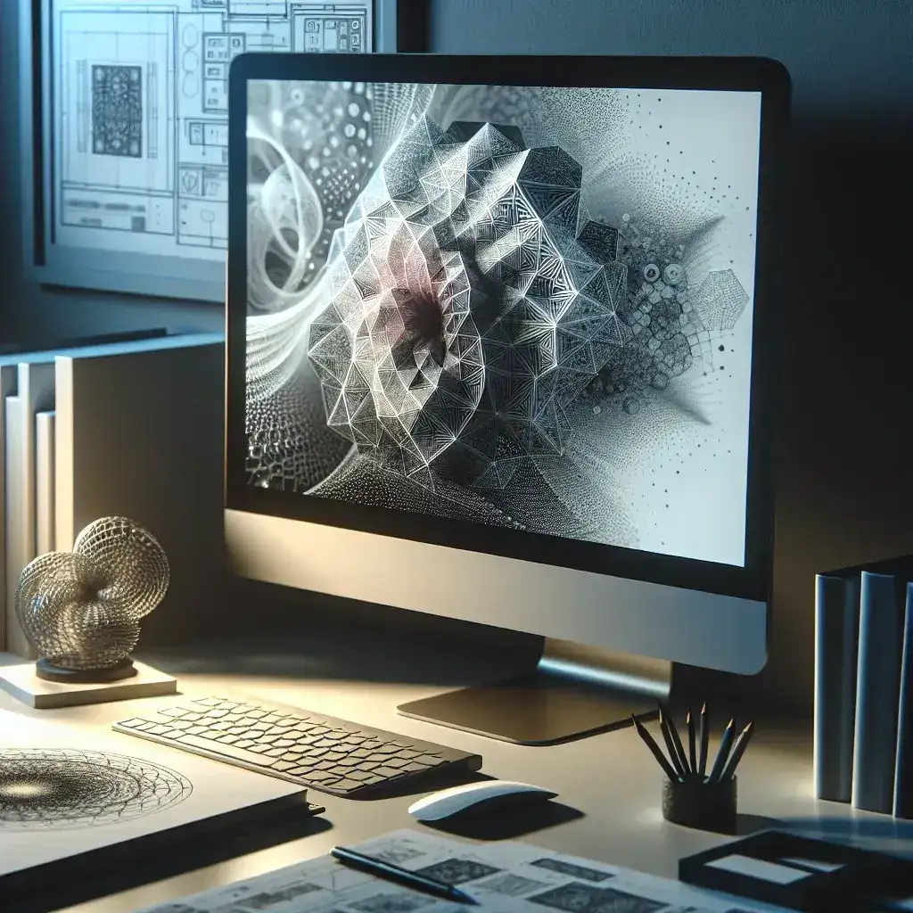 "Immagine che illustra l'interfaccia di un software di intelligenza artificiale generativa in uso su un computer desktop, mostrando esempi di creazioni artistiche e testi generati, in un articolo su come utilizzare l'IA generativa sul PC."